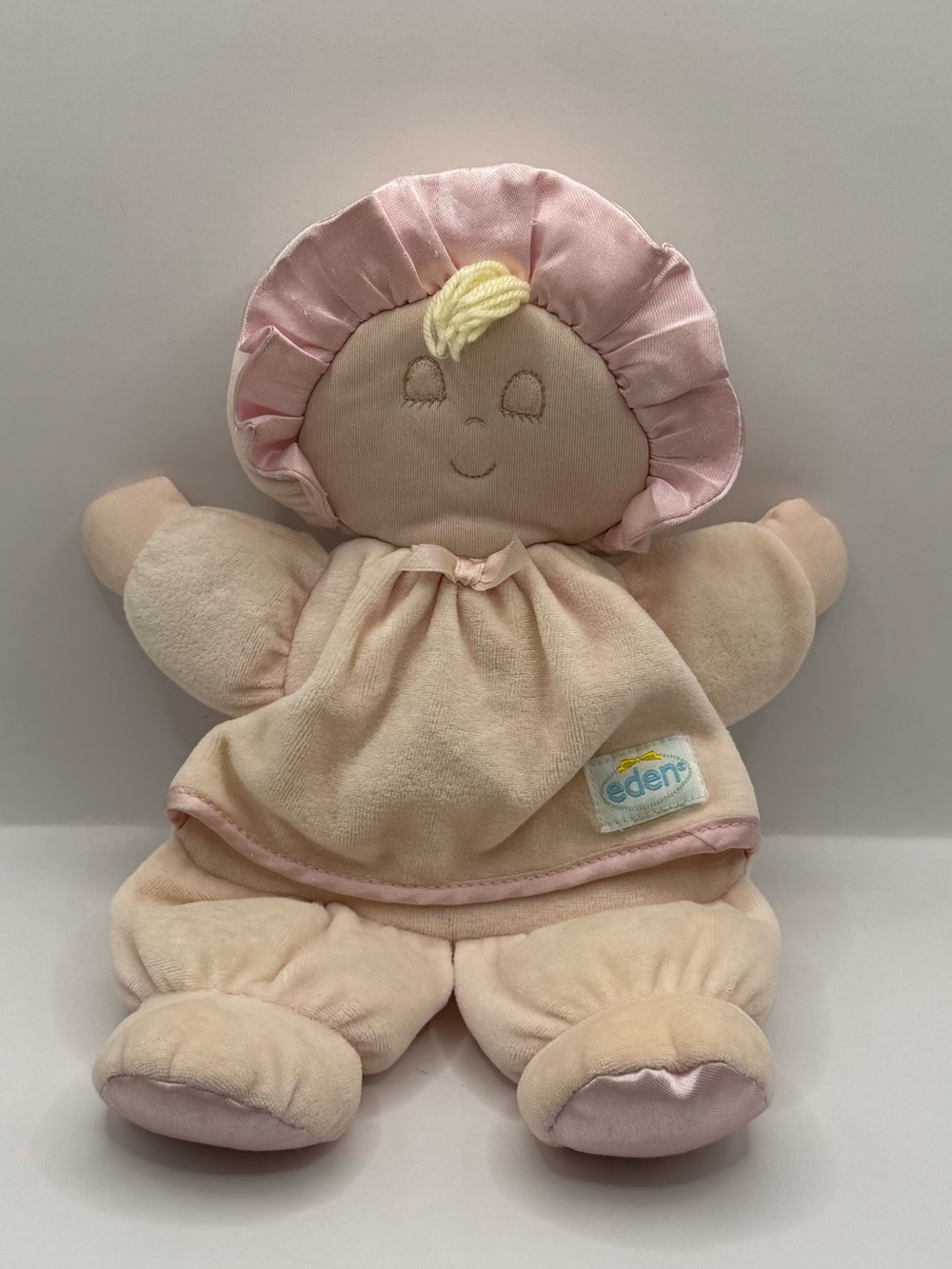 Vtg Eden So Soft Plush Baby Doll Pastel Pink Satin Trim Yarn Hair Closed Eye